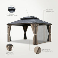 14 Ft. X 20 Ft. Double Galvanized Steel Roof Aluminum Frame Outdoor Patio Hardtop Gazebo with Netting and Curtains — Feature Infographic