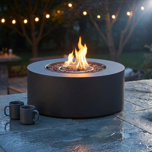 32 In. W X 13.5 In. H Iron Propane Gas Burning round Outdoor Patio Fire Pit in Dark Grey — Studio Shot