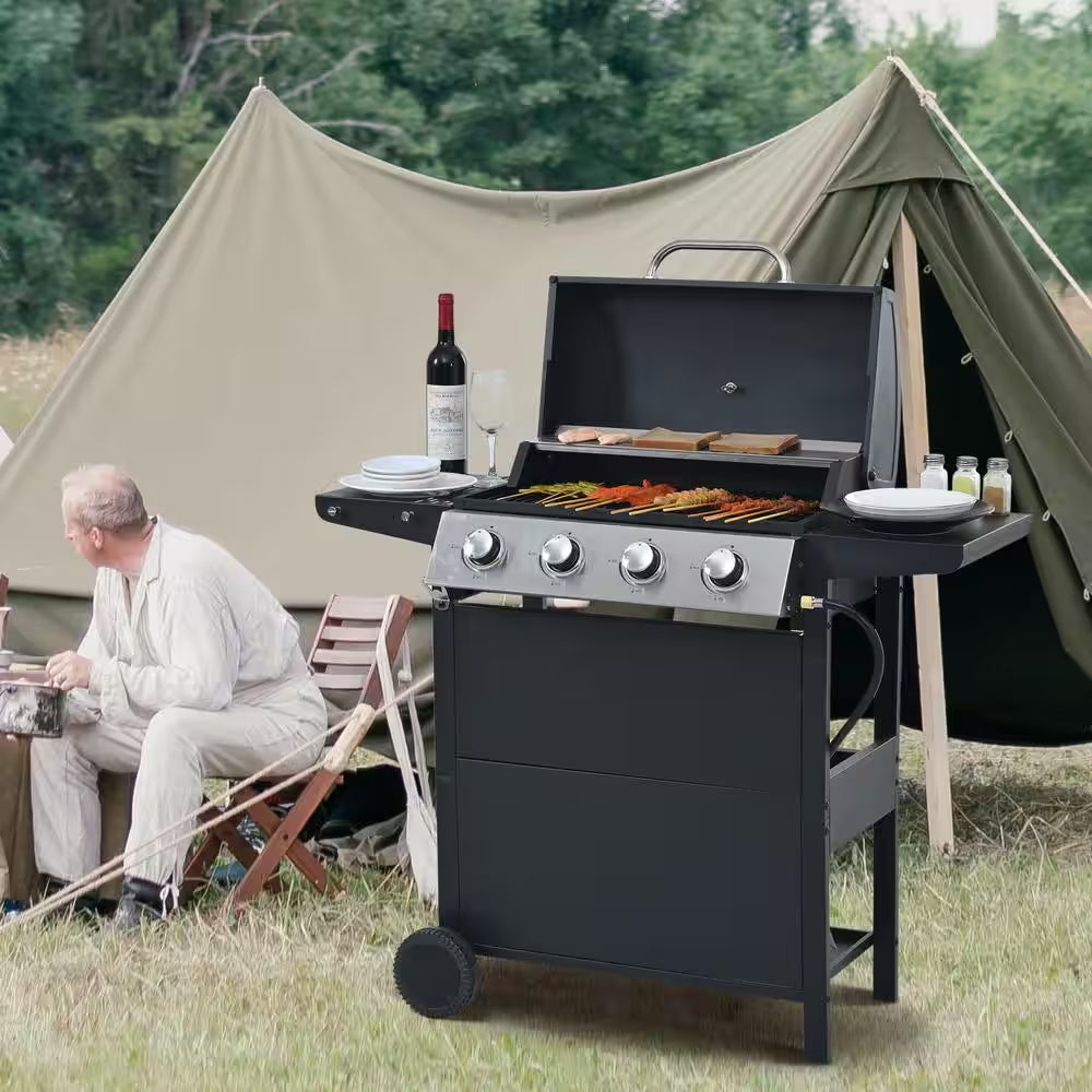 4-Burner Portable Propane Tabletop Barbecue Grill Stainless Steel Gas Grill in Black for Camping