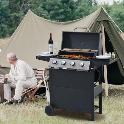 4-Burner Portable Propane Tabletop Barbecue Grill Stainless Steel Gas Grill in Black for Camping