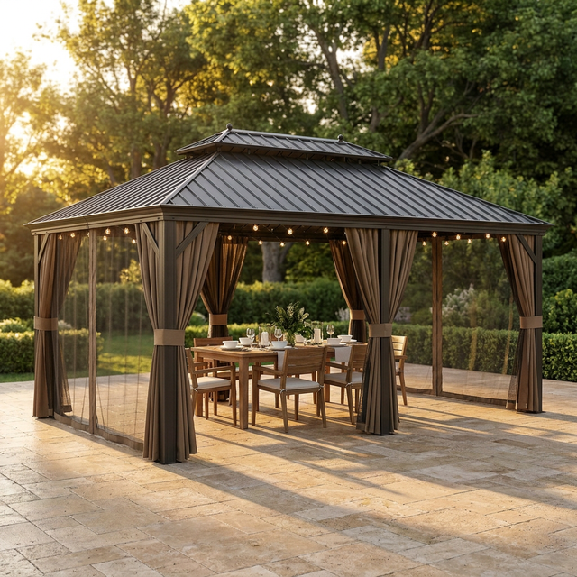 14 Ft. X 20 Ft. Double Galvanized Steel Roof Aluminum Frame Outdoor Patio Hardtop Gazebo with Netting and Curtains — Studio Shot