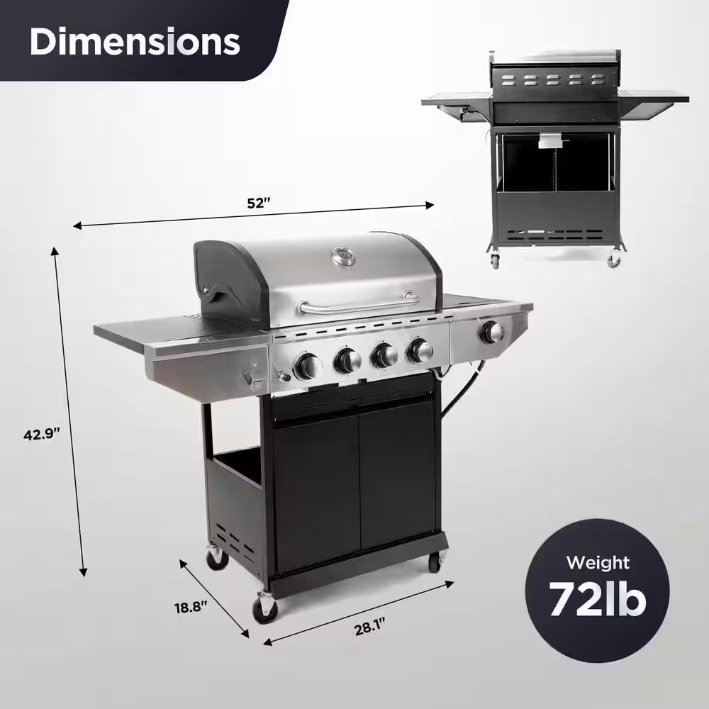 Outdoor BBQ 4-Burner Propane Grill in Silver and Black, Stainless Steel Gas Grill with Side Burner and Thermometer