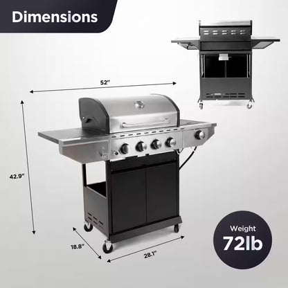 Outdoor BBQ 4-Burner Propane Grill in Silver and Black, Stainless Steel Gas Grill with Side Burner and Thermometer