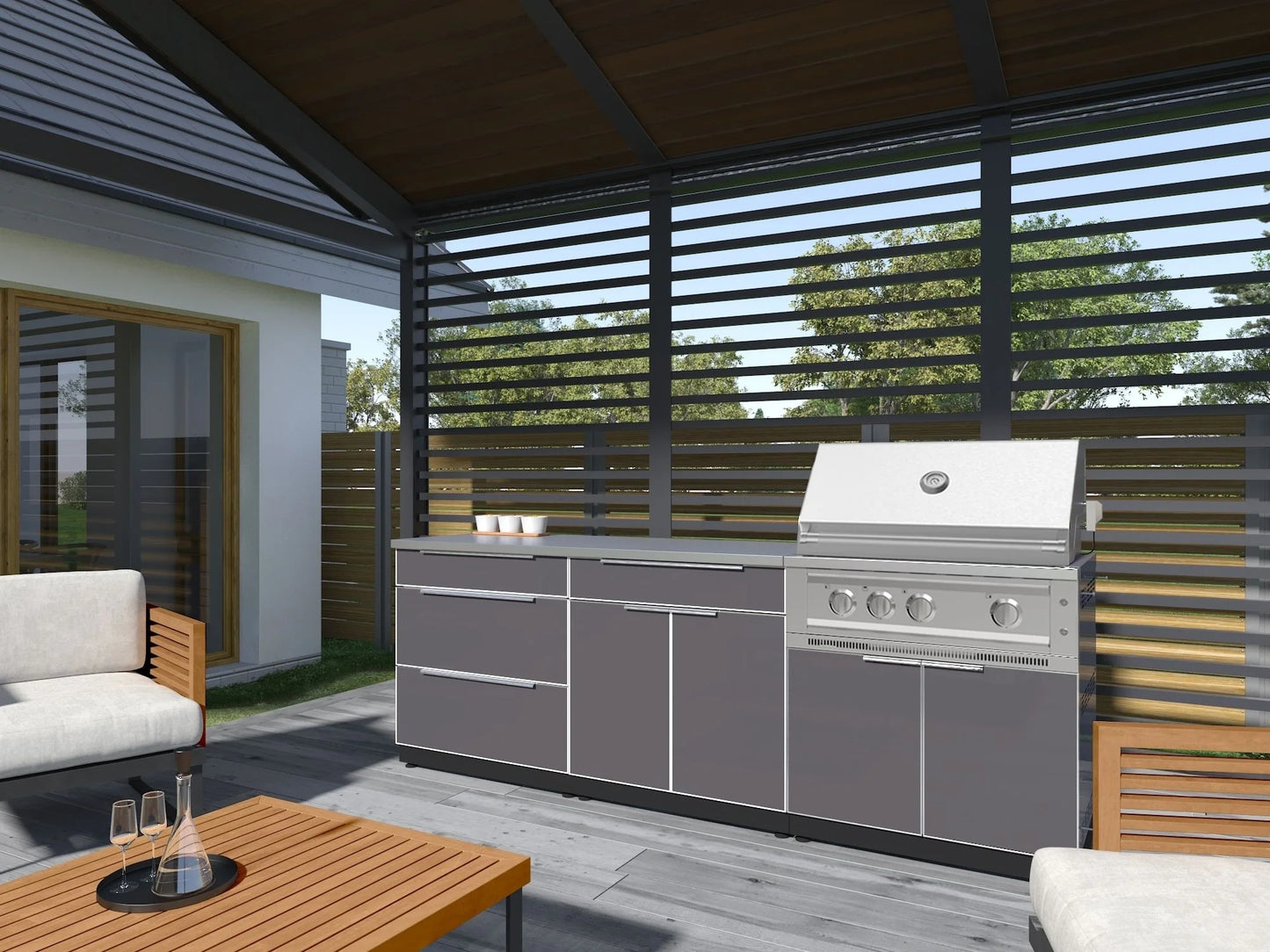 Newage Products Outdoor Kitchen Aluminum 3 Piece Cabinet Set with Bar, Grill and Sink Cabinet