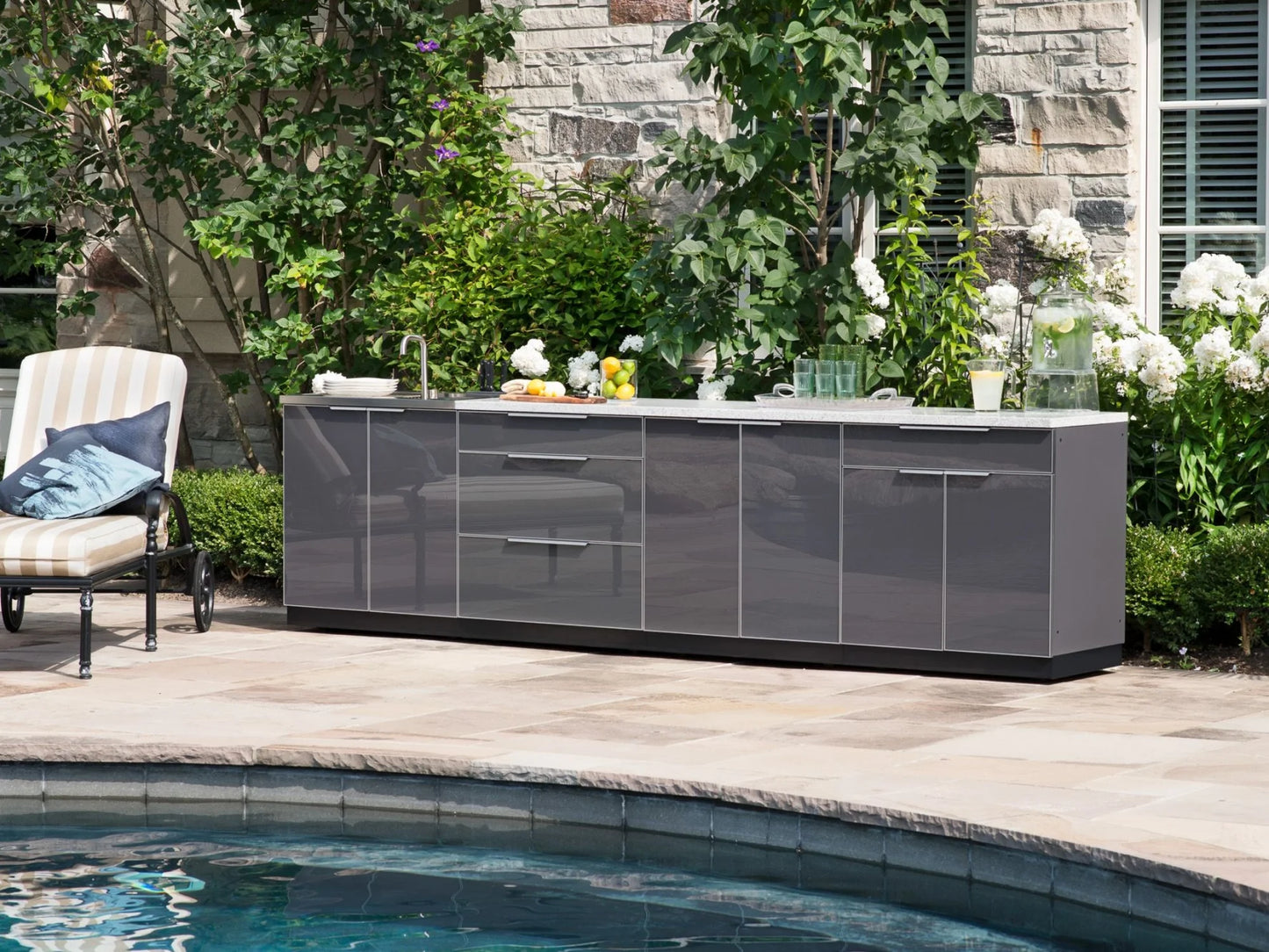 Newage Products Outdoor Kitchen Aluminum 3 Piece Cabinet Set with Bar, Grill and Sink Cabinet