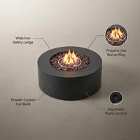 32 In. W X 13.5 In. H Iron Propane Gas Burning round Outdoor Patio Fire Pit in Dark Grey — Feature Infographic