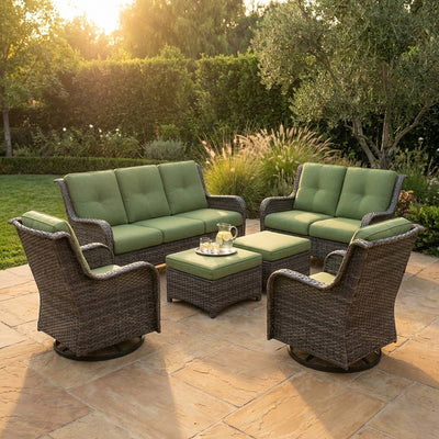 Patio Furniture Set 6-Piece Outdoor Patio Conversation Set with Green Cushions Lawn Furniture