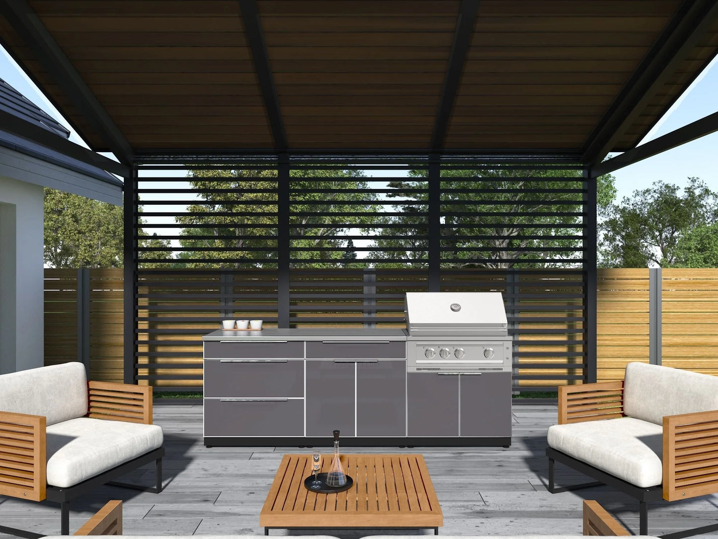Newage Products Outdoor Kitchen Aluminum 3 Piece Cabinet Set with Bar, Grill and Sink Cabinet